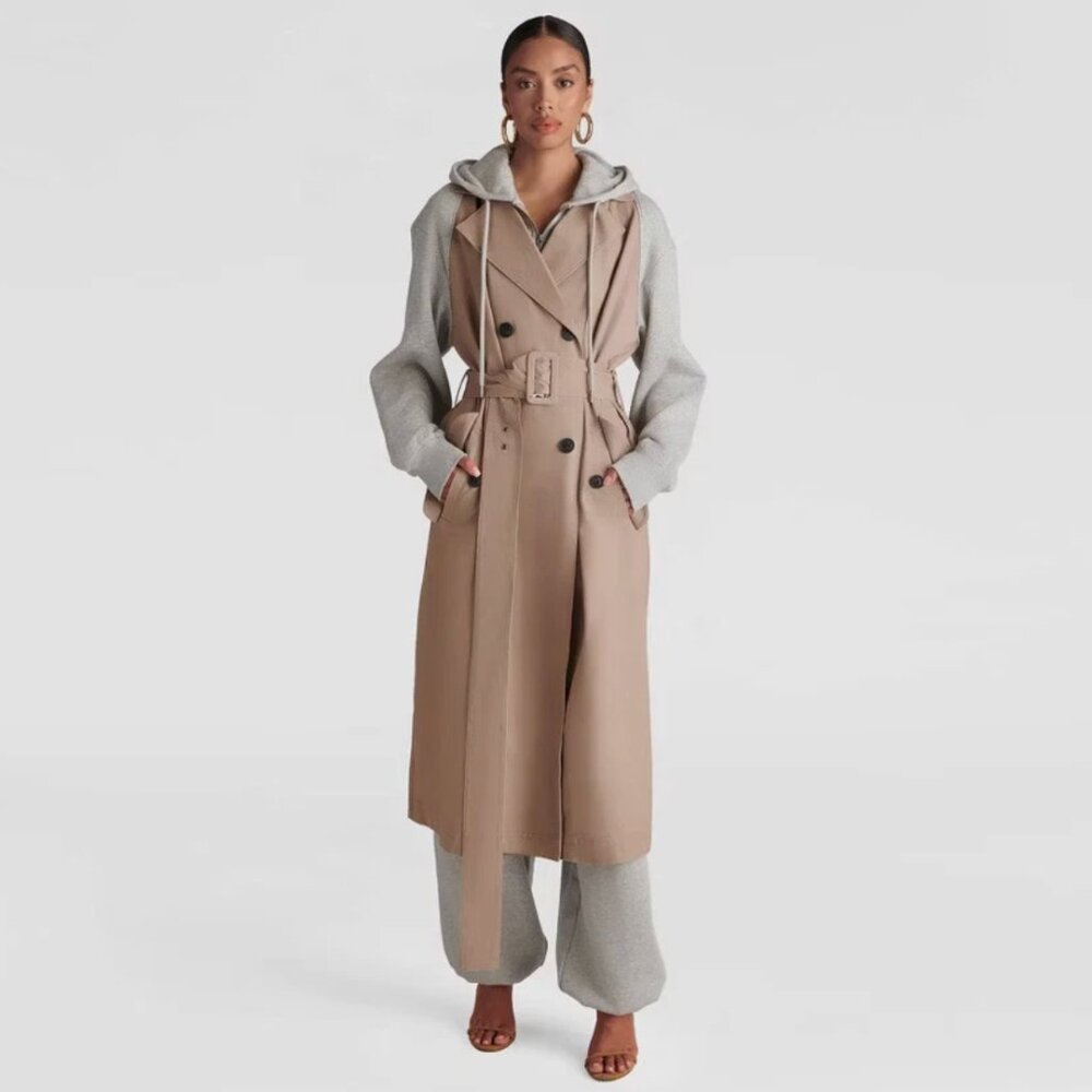 Belted Taupe Trench Coat with Gray Hoodie Sleeves